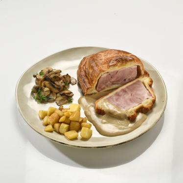 Rôti sans os de porcelet en croûte, sauce champignons  (± 2 personnes)